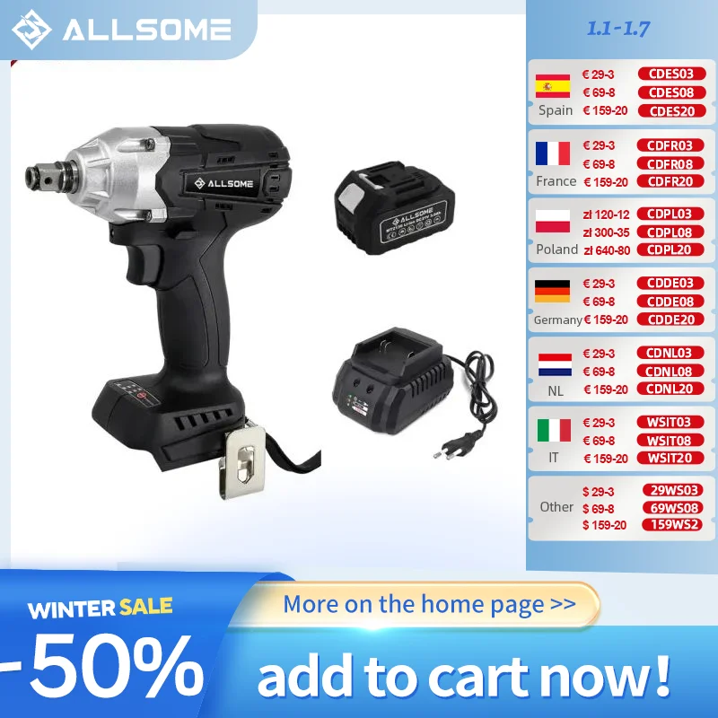 Allsome 21V MAX Cordless Impact Wrench High Torque Suitable for Family Cars Construction Work on Site