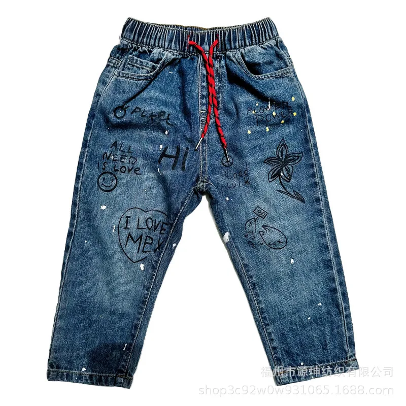 Celana Denim anak-anak, celana Denim anak-anak, koleksi baru musim gugur 2024, celana kaki lurus motif kartun, tali serut saku modis