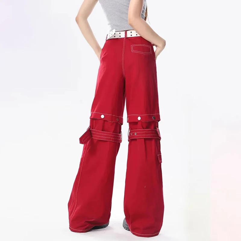 Vintage Red Splice Removable Y2k Baggy Jeans Women Aemican Style Streetwear Lacing Button Trousers Wide Leg Women\'s Denim Pants