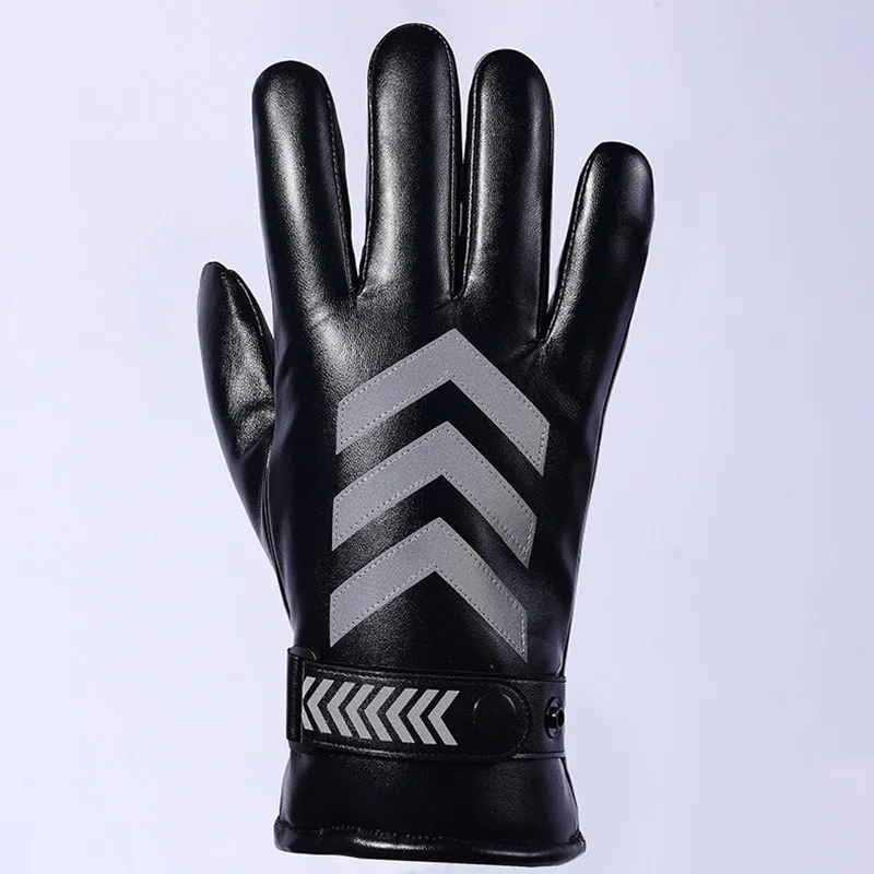 New Men Winter PU Leather Gloves Plus Velvet Warm Thick Riding Reflective Strip Sports Waterproof Windproof Cold Ski Mitten N36