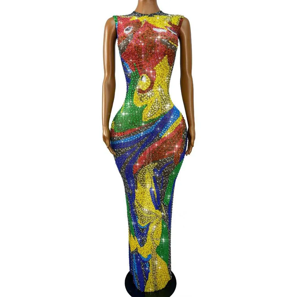 Sexy Twinkling Full Colorful Rhinestones Trim Fit Mesh Dress Evening Party Celebrate Gown Red carpet Show Photo Shoot Stage Wear