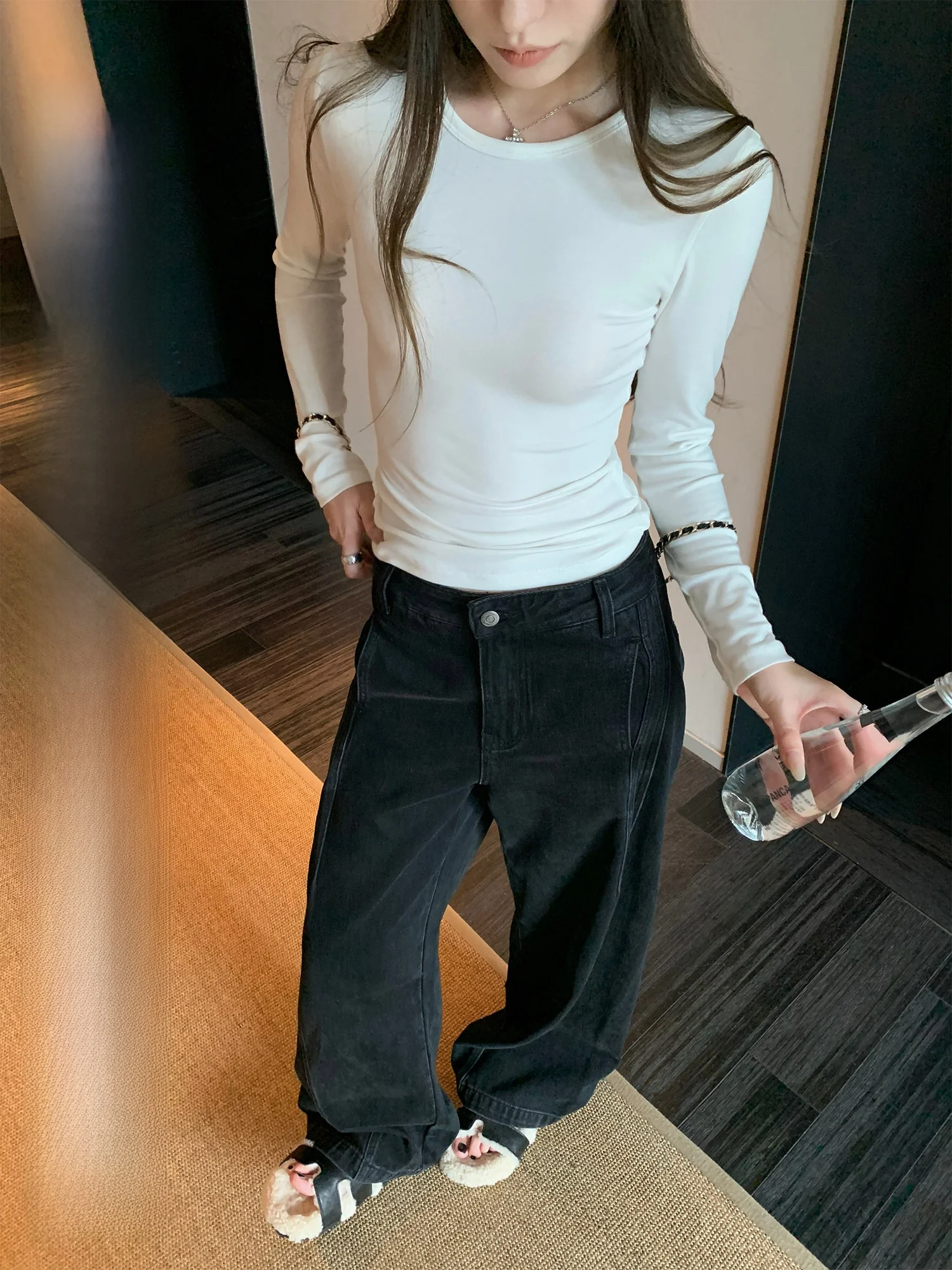 

Женская облегающая трикотажная футболка с круглым вырезом и длинным рукавом, высокоэластичная, осенне-зимняя, базовая модель