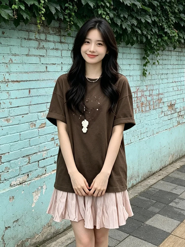 

Casual Loose Short Sleeve T-Shirt And High Waist Skirt Set Women's Korean Style Summer Fashion Outfit Breathable Medium Thick...
