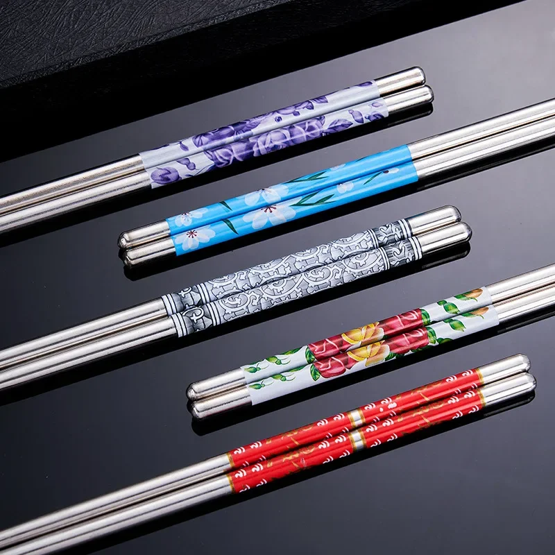 Stainless Steel Chopsticks Tableware Portable Reusable Blue Porcelain Patters Food Sticks Chopsticks Kitchen Dishes for Sushi