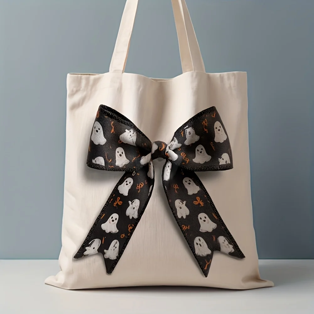 Double-Sided Print Ghost Print Black Ribbon Bow Decor Shoulder Bag, Mini Cute Spirit And Orange Swirl Pattern Bow Accessory, Whi