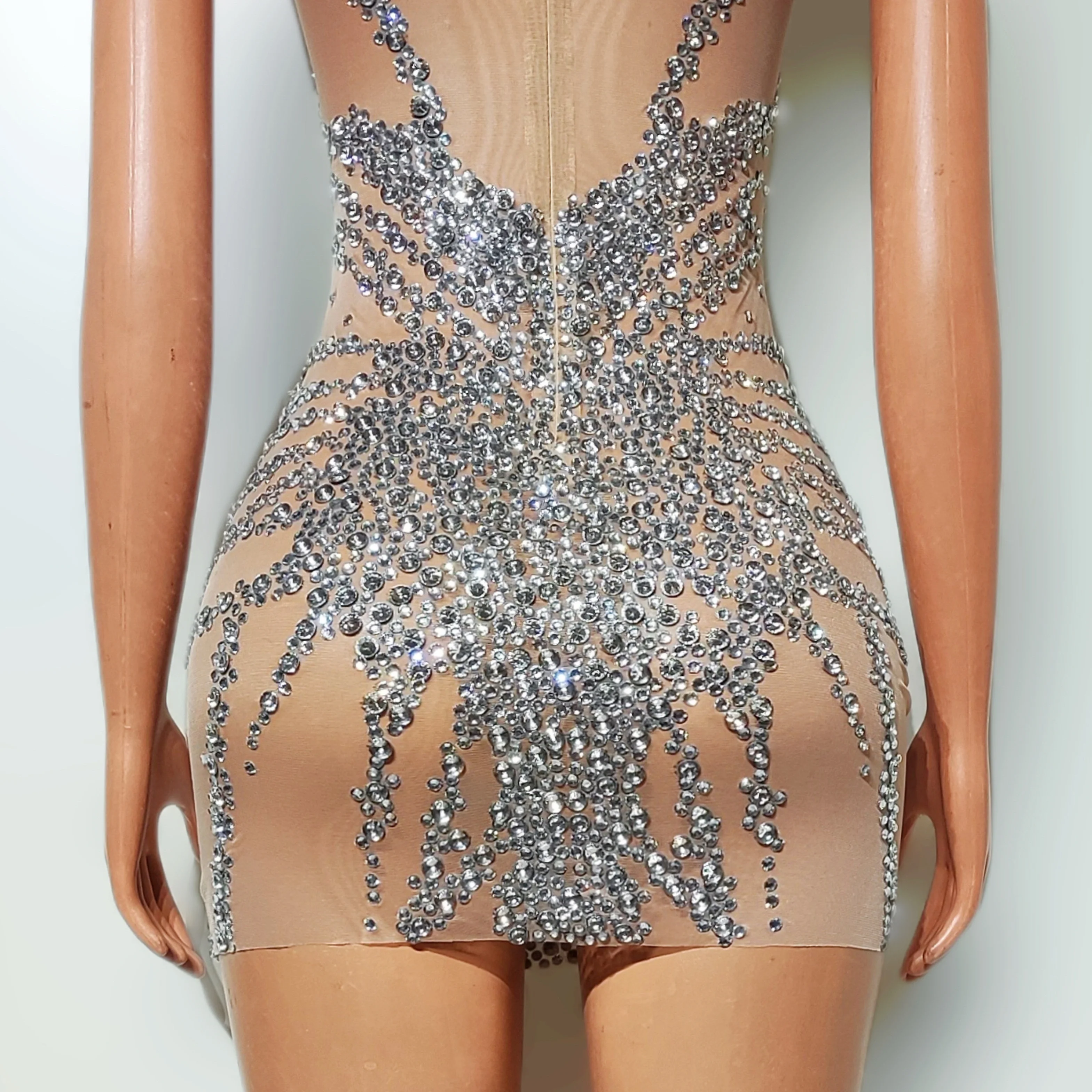 여성 섹시 숏 드레스 실버 라인스톤 투명 타이트 메쉬 생일 파티 이브닝 파티 공연 가수 무대 의상