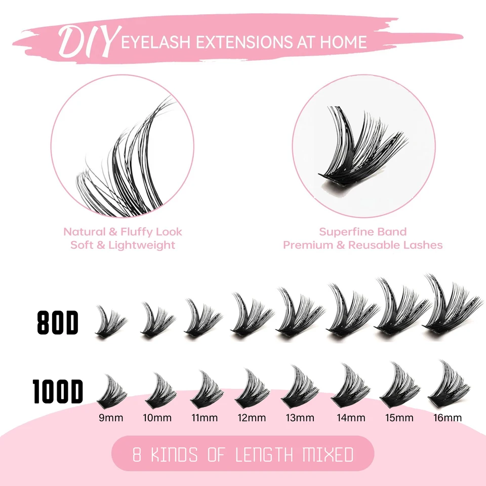 Kit de pestañas clusters voluminosas y esponjosas – 200/290/666 cluster 80D100D, ¡looks de fiesta espectaculares! Mezcla de largos seleccionados 3