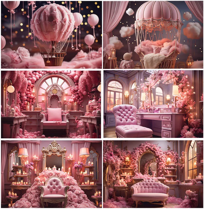 

Pink Theme Castle House Backdrops Photographic Cake Smash Girl Princess Birthday Flower Hot Air Balloons Cloud Decor Backgrounds