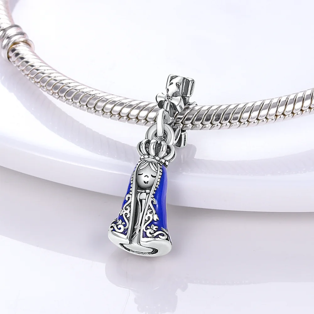 

925 Silver Blue Series Charms Virgin Mary Beads Pendants Fit DIY Original Bracelet Necklace Women Jewelry Gift Making