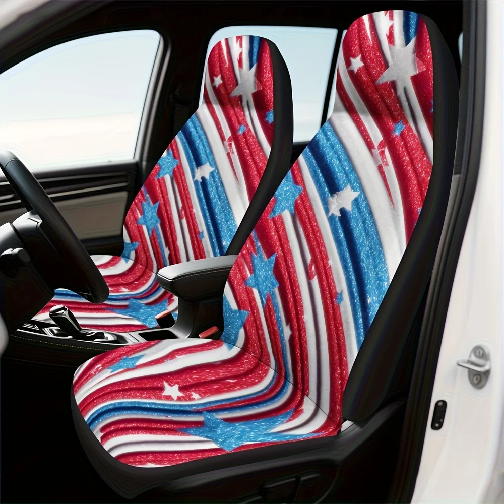 2pcs, Fourth Of July Stars And Stripes Print Car Seat Covers, Universal Fit For Most Sedans And Trucks, Machine Washable, Stylis