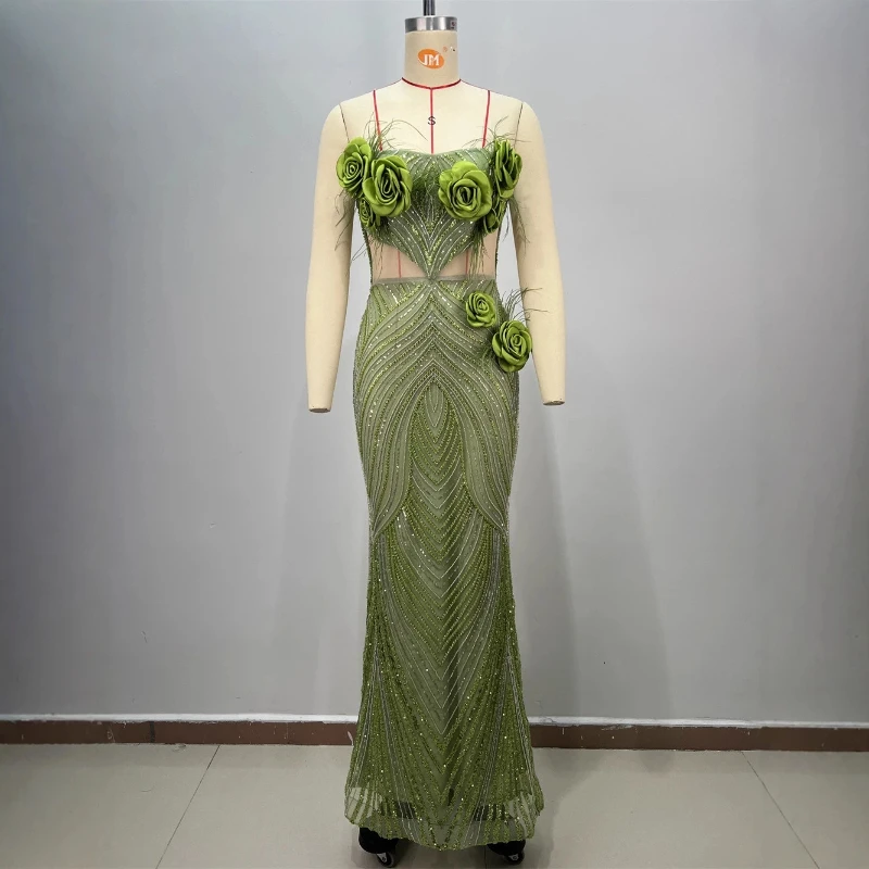 Verde oliva elegante vestido sereia cintilante sem alças sem costas flores sexy corte bodycon bandagem vestido de noite