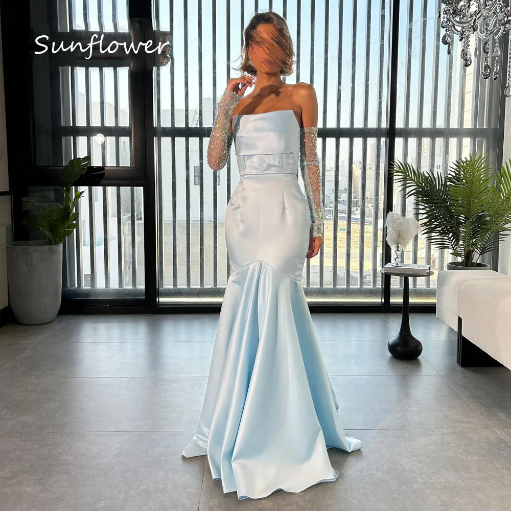 

Sunflower Baby Blue Strapless Satin Mermaid 2024 Slim Backless Sleeveless Ocassion Gown Floor-Length Formal Evening Dress