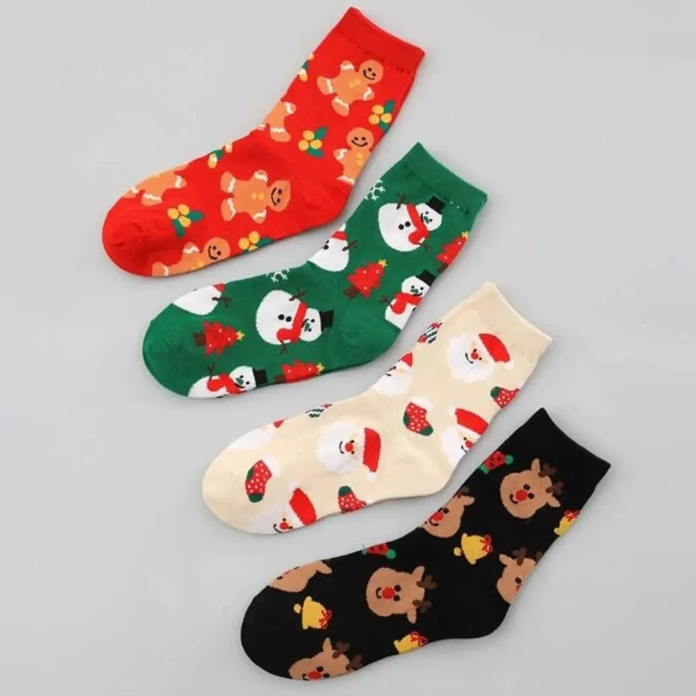 4 Pairs Cute Christmas Cartoon Women's Socks Interesting Elk Snowman Santa Claus Men Women Printed Mid Tube Socks Christmas Gift