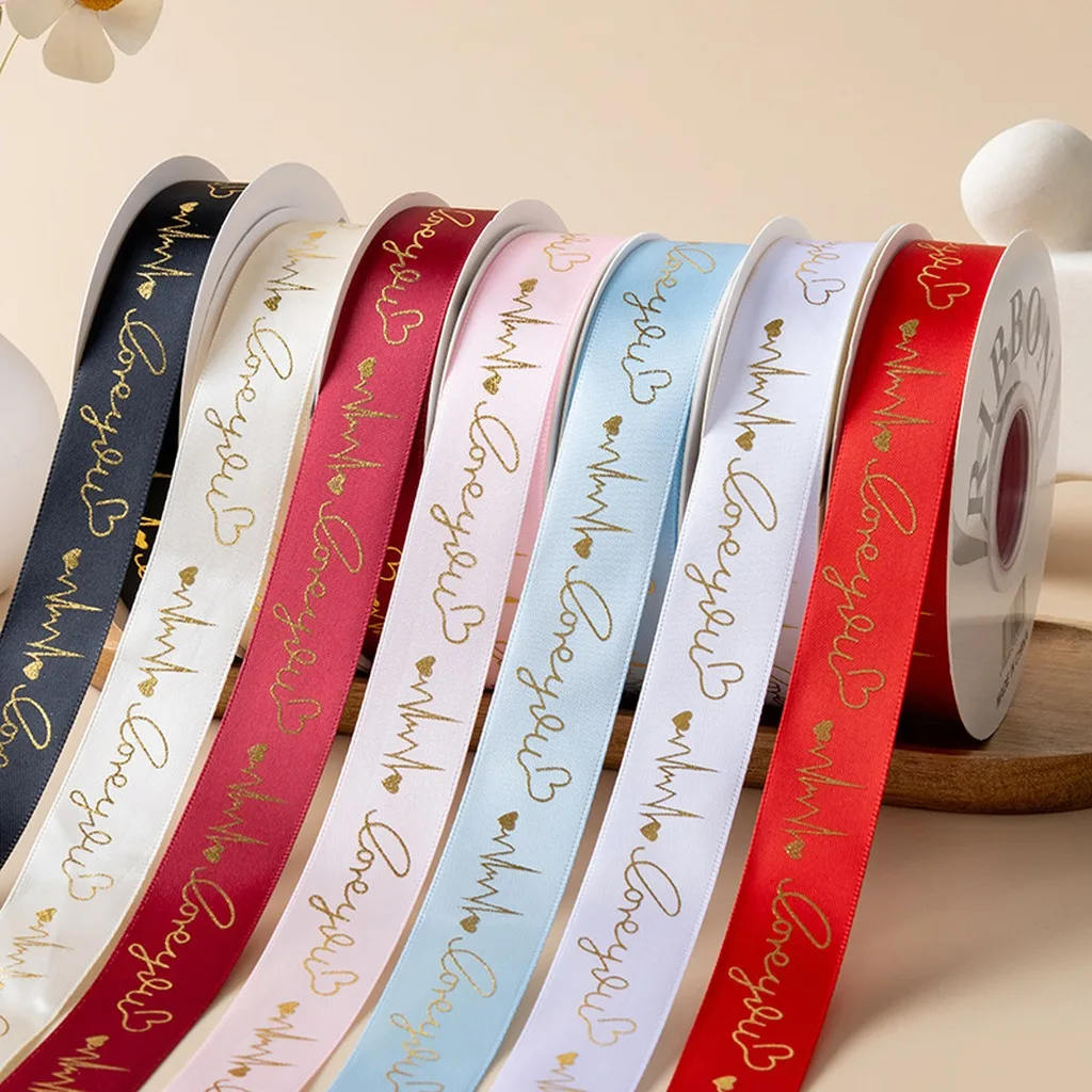 2.5cm Gold Foil Printed Heartbeat Love Pattern Polyester Ribbon for Gift Wrapping Flower Baking Decoration DIY Crafts 29M