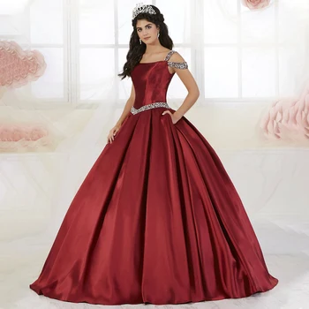 Bourgondië Quinceanera Dress Met Zakken 2023 Kralen Bandjes Luxe Quinceanera Gown Satin Floor Lengte Baljurk Sweet 16 Jurk