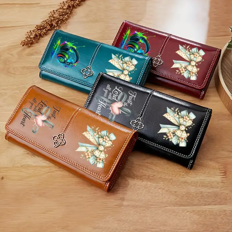 Rose Music Cross Print Leather Women's Wallet Luxury Long Purses for Women Cards Holder Wallets with Zip Coin Pocket Ladies