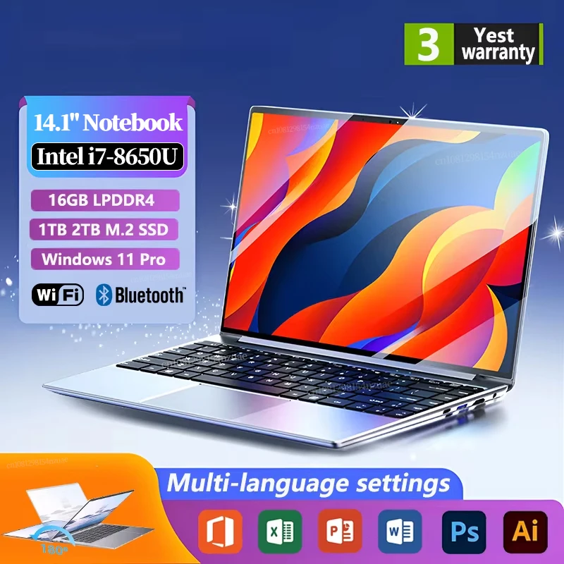 

2025 НОВЫЙ 14,1-дюймовый портативный ноутбук с Windows 11, 32 ГБ, 2 ТБ, игровой компьютер, ПК Intel Core i7 8650U, геймерский офисный ноутбук 1920*1080 HD