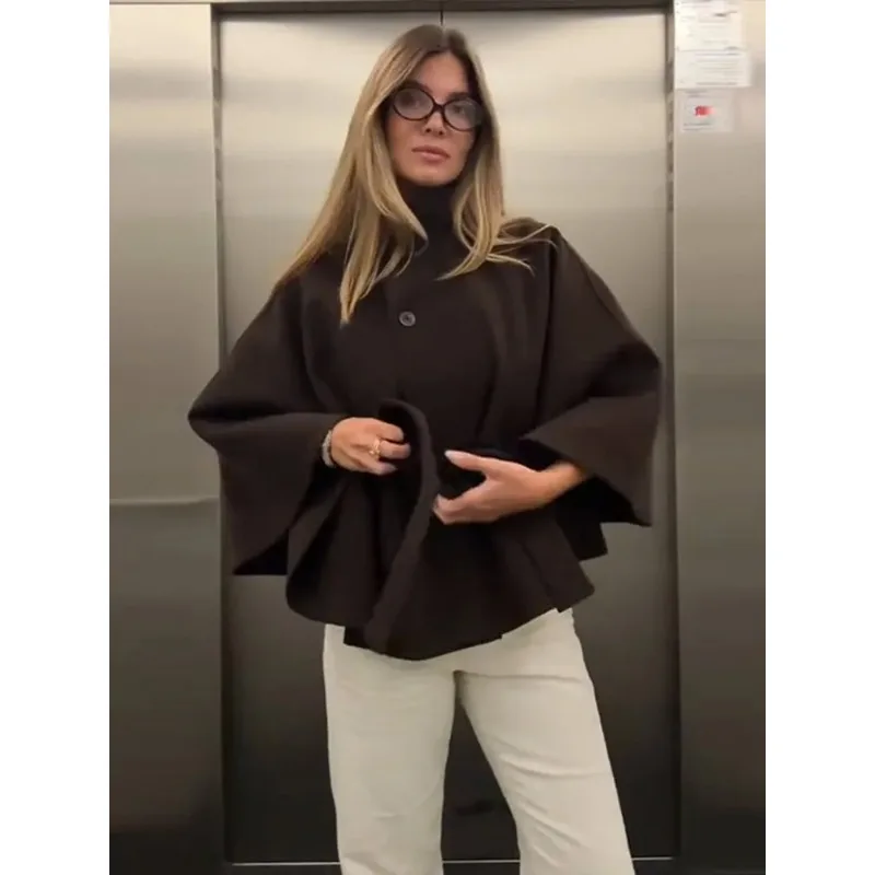 

Fashionable Solid Color Cape with Stand Collar, Buttoned Wool Belt Trench Coat