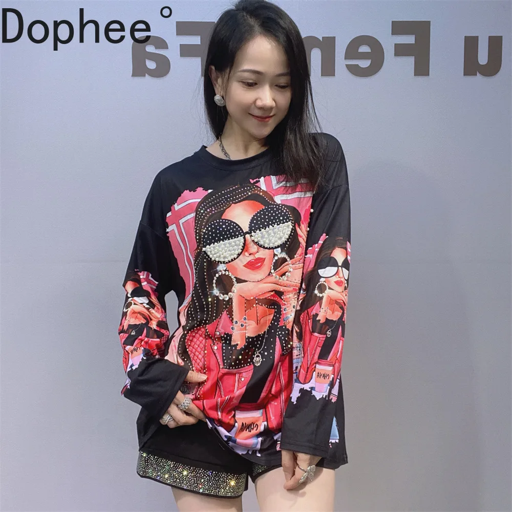 

High Street Fashion Printing Women T-shirt 2025 New Autumn Long Sleeve O-neck Basic Pullover Top Diamonds Beads Casual Tees