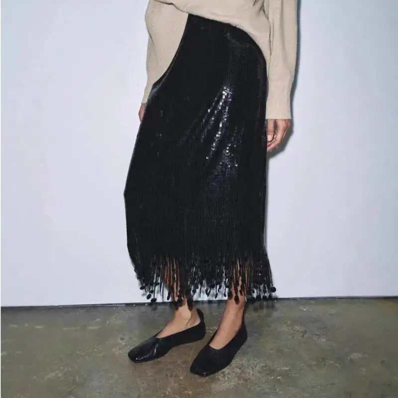Women's Fashion Sequin Tassel Skirt Autumn Winter Elegant Demeanor Black Tassel Slim Fit High Waist Long Skirts Daily Commuting