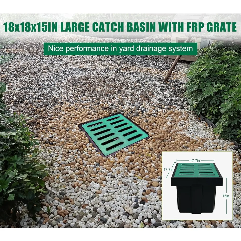 Catch Basin with Fiber Glass Grate-18x18x15 in. Large Catch Basin for Drainage  Debris Basket,French Drain Catch Basin Without