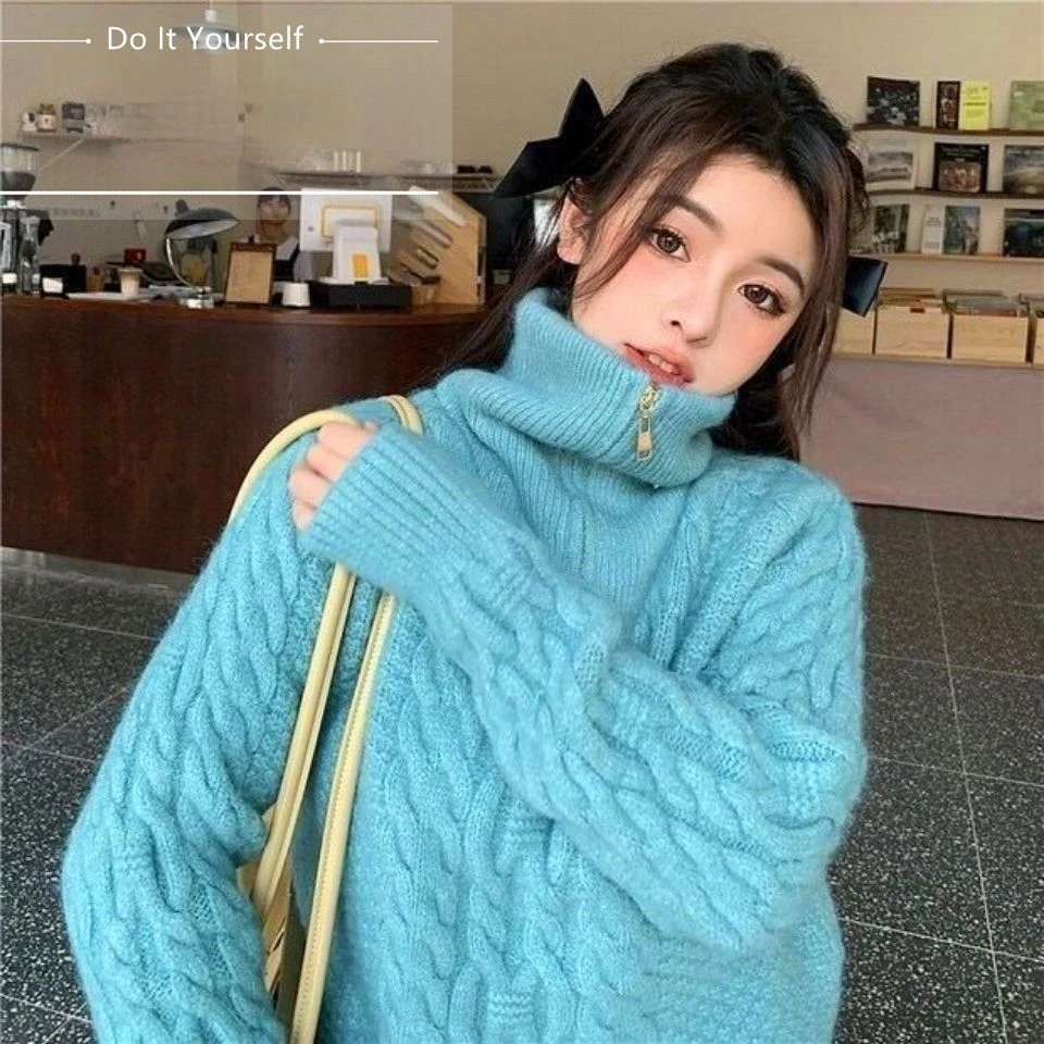 Wool Cashmere Sweater Women Turtleneck Jumpers Vintage Knitted Geometic Aesthetics Pullovers Winter Fashion Clothes Oversize Top