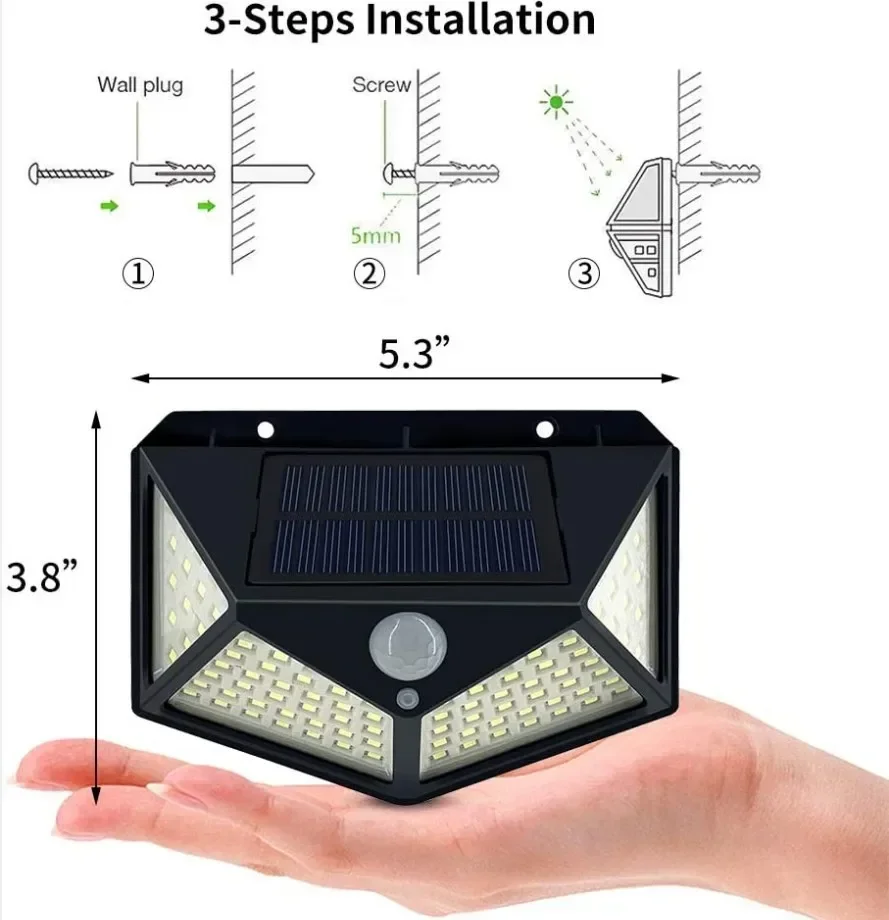 Luces solares para exteriores, lámpara de pared con Sensor de movimiento PIR, 100LED, alimentada por energía Solar, farola para jardín y patio,