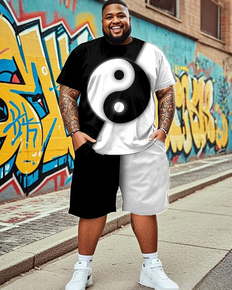 

S-9XL Large Size Men's Suit - Black and White Tai Chi Short Sleeve T-shirt Shorts Two-piece Suit