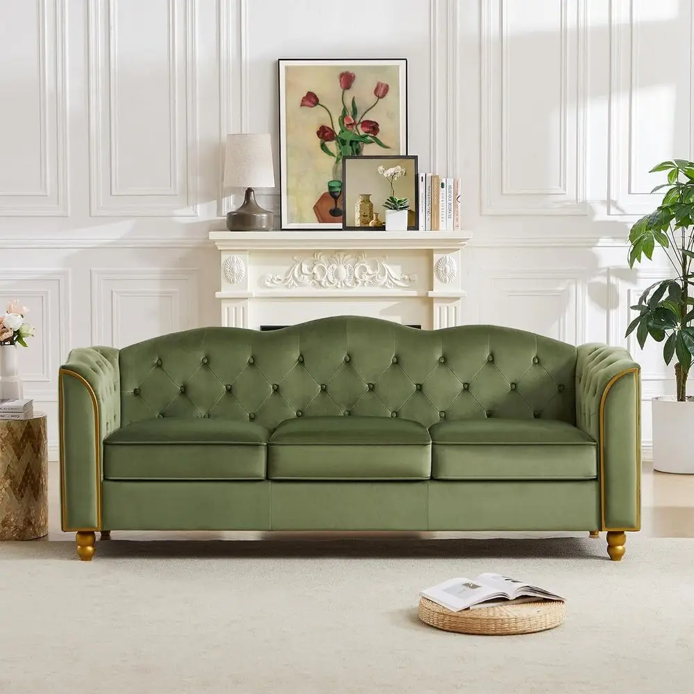 

78 Velvet 3-Seater Sofa with Button Tufted Cushions, Gold Trim, Solid Wood Legs for Living Room or Dormitory, Green