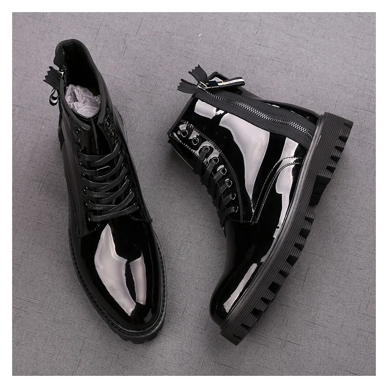 

men luxury fashion stage nightclub platform boots black trend patent leather shoes lace-up cowboy autumn winter ankle botas mans