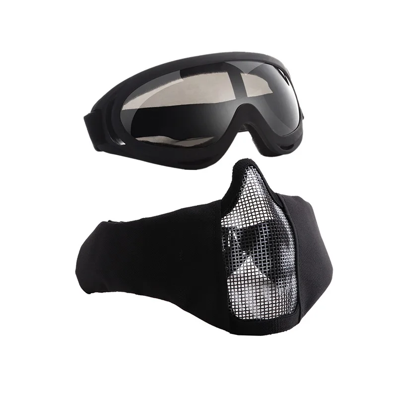 zlangsports Tactical Foldable Half Face Mask, Airsoft Paintball CS Mesh Masks, with UV Protection Goggles Ear Protection