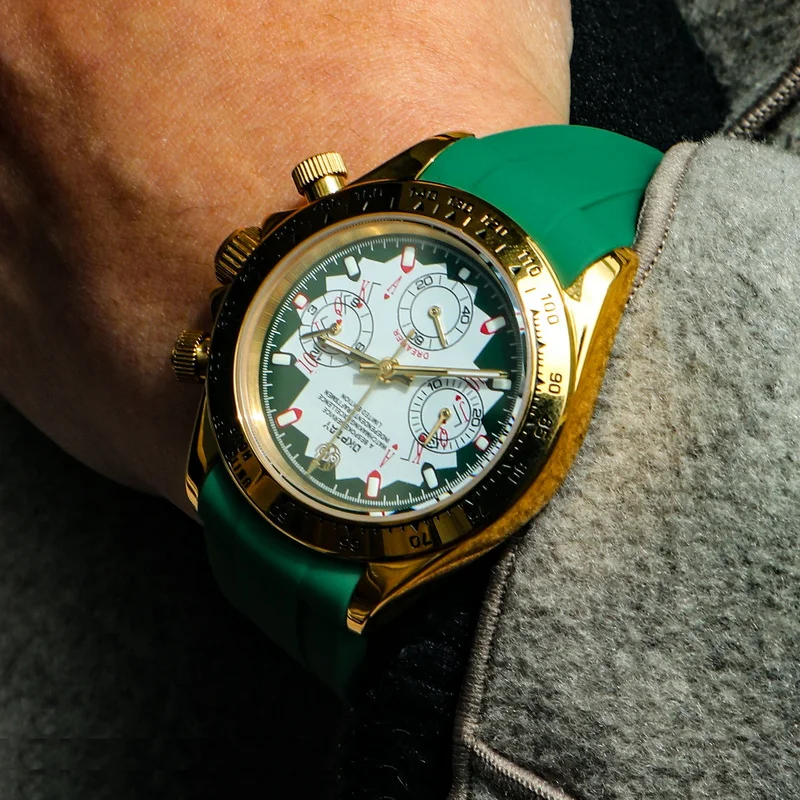 OKPLAY Men Chronograph Watch 39.5mm Quartz Wristwatch Sapphire Mirror 100M Waterproof Poker Dial