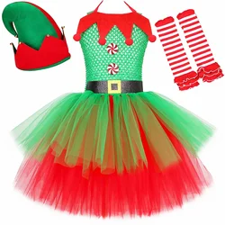 Girls Christmas Elf Costume Kids Fancy Christmas Clothes Sets Green Red Children Xmas Party Mesh Tulle Tutu Dress with Hat Socks