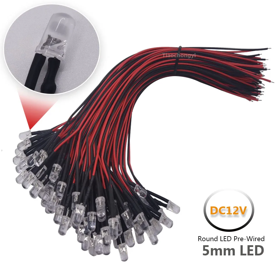 20Psc 3mm/5mm 5V 12V 24V LED Red/Green/Blue/Yellow/UV/Orange/Pink/Warm/White/RGB Pre-Wired Water Clear Light Emitting Diodes