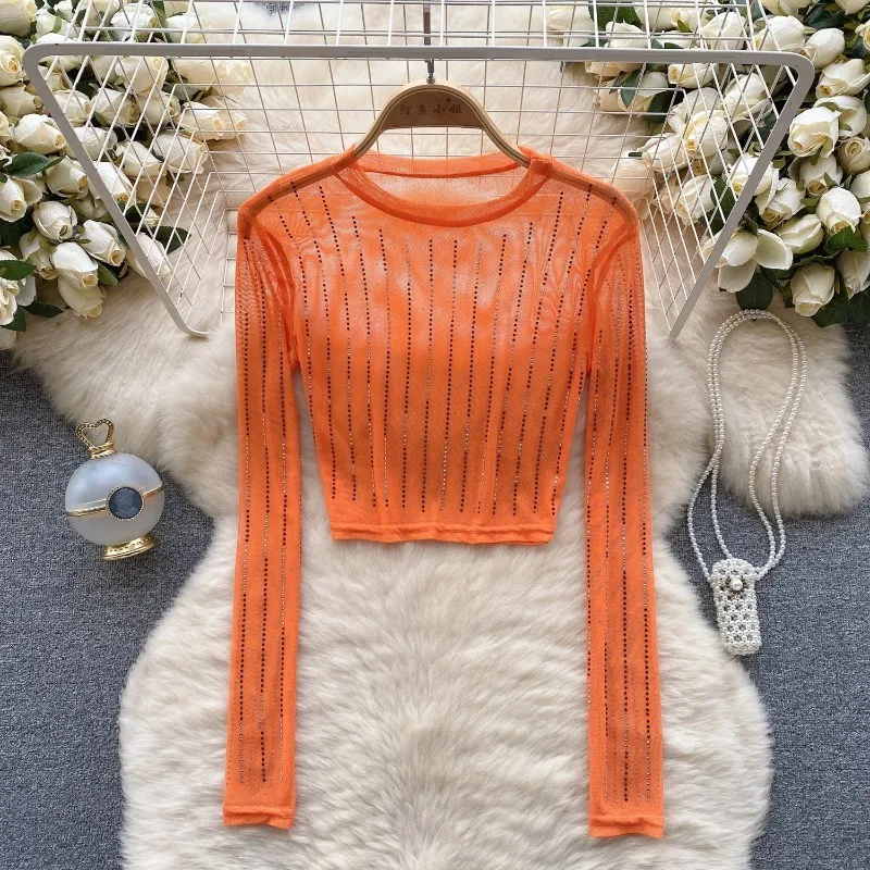 

Women Chic Gauze Mesh Sheer O-neck Long Sleeve Rhinestone Crop Top Solid Slim Sexy Korean T-shirt Fashion Summer Women Shirt