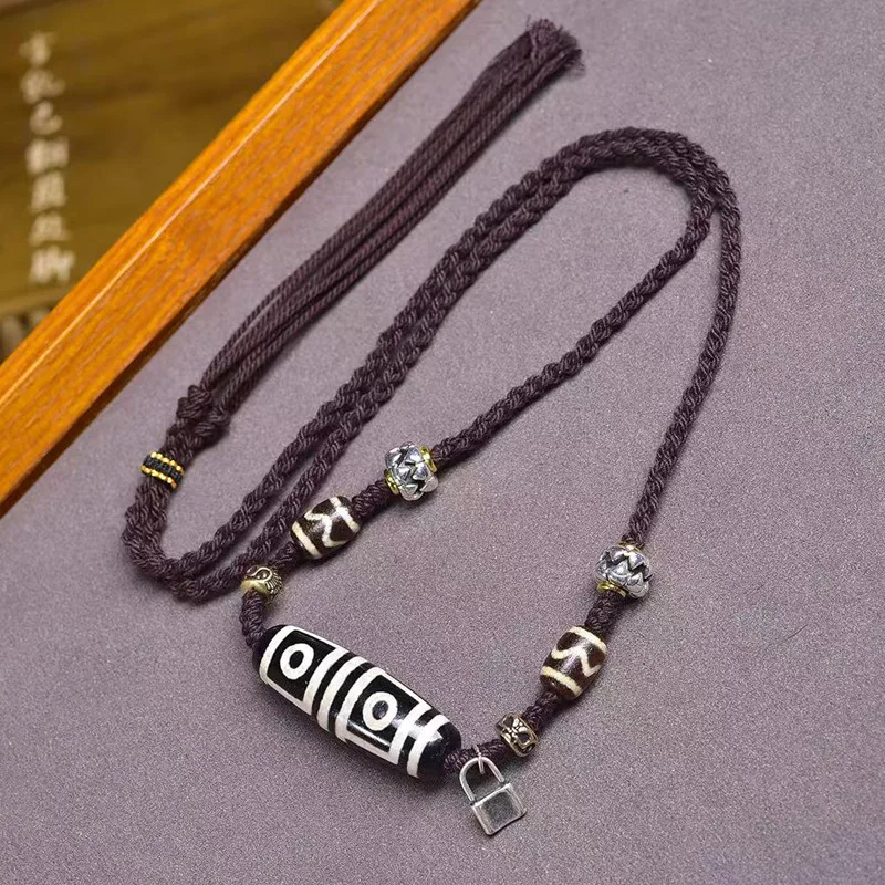 

Natural Agate Lotus Master Four-Eyed Dzi Bead Pendant Sweater Chain Vintage Tibetan Style Handmade Braided Rope Necklac