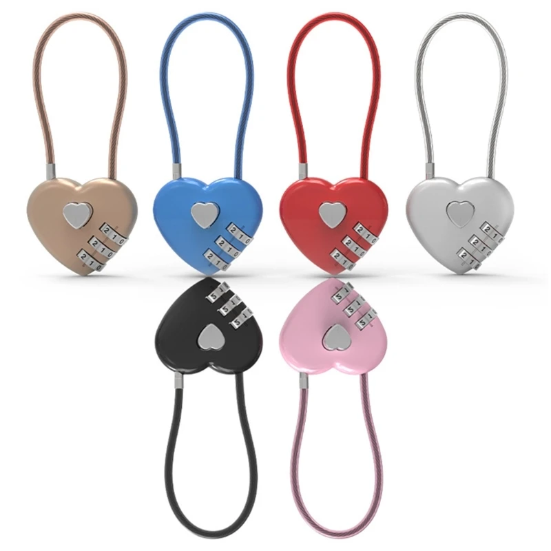 Y1UD Zinc Alloy Wire Rope Password Lock Mini Love Heart Shape Password Padlock Travel Luggage Package Password Lock