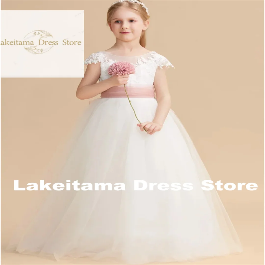 Customization Flower Girl Dresses Tulle Appliques With Pink Bow Ribbon Sleeveless For Wedding Birthday Party Banquet Princess Go