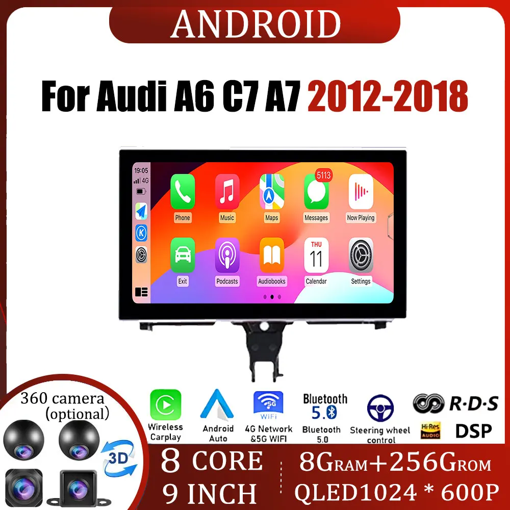 9 Inch 4G Android OS Touch Screen IPS For Audi A6 C7 A7 2012-2018 Auto Carplay Monitors Stereo Speacker Radio Multimedia Player