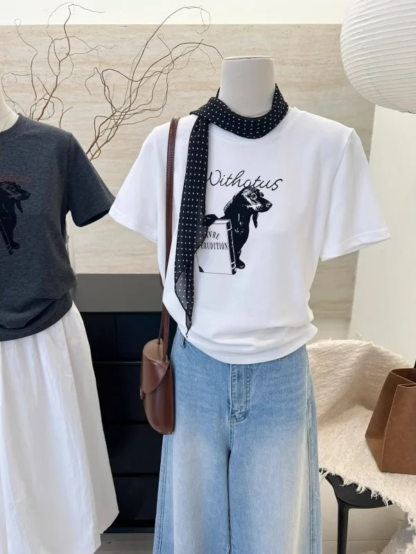 

American Retro Loose Slimming Cartoon Print round Neck Short Sleeve T-Shirt Women's Spring Summer New Style Base Shirt Top