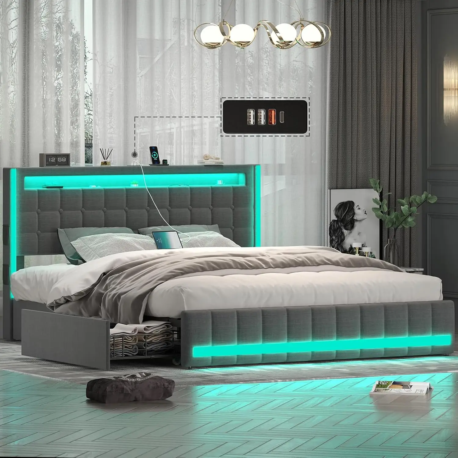 Queen Bed Frame with 4 Storage Drawers & LED Lights, Light Up Upholstered Platform Bed Frame Queen Size with Charging Station