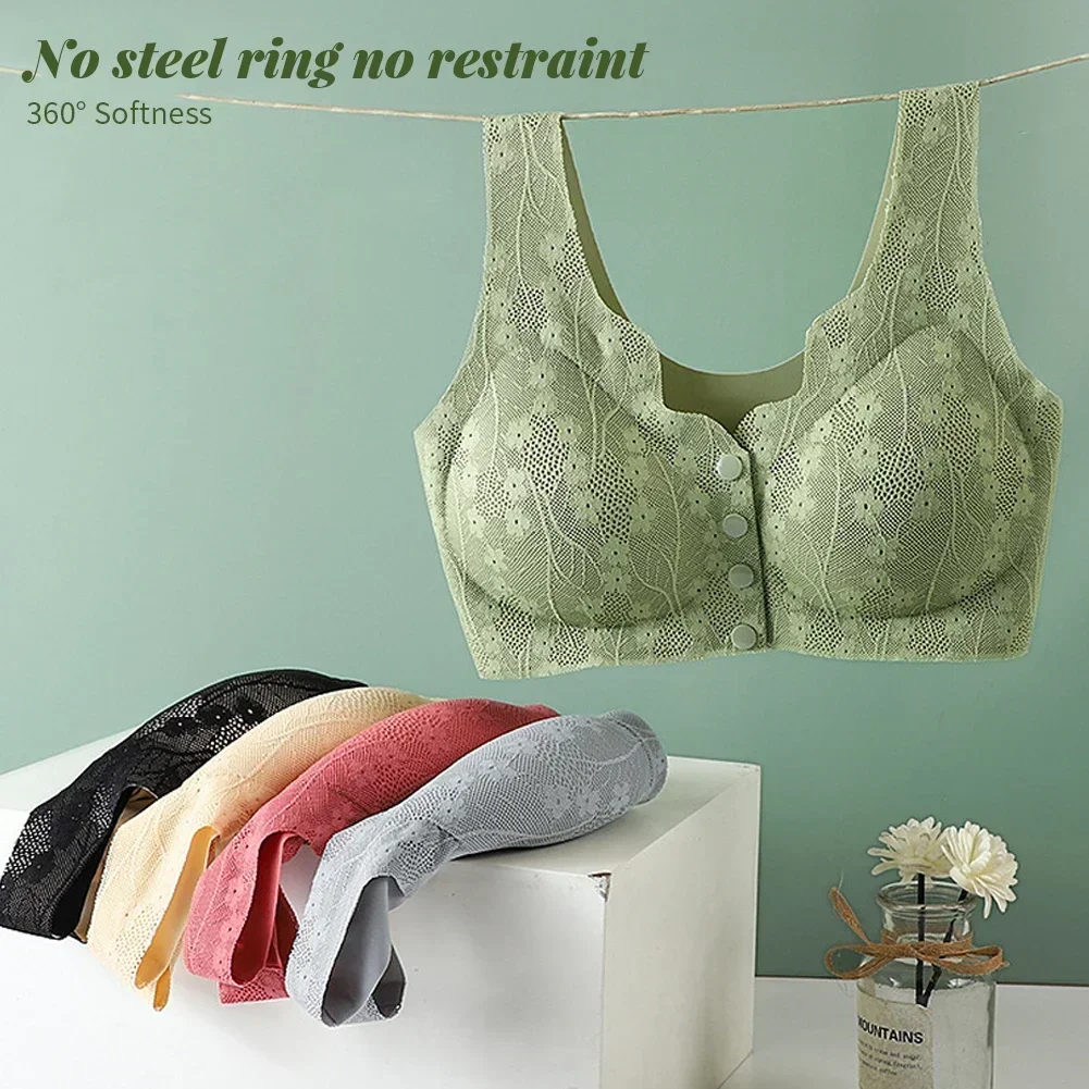 Middle-aged Elderly Mothers\' Front Buckle Bra Lace Seamless And Breathable no Steel Ring Bra Ice Silk Sexy Gathering Underwear