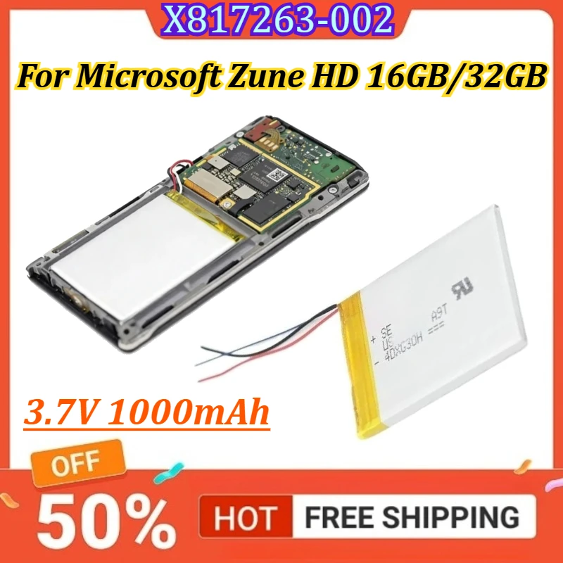 X817263-002 Batería portátil de 3,7 V y 1000 mAh para reproductor multimedia MP3 MP4 para Microsoft Zune HD 16GB/32GB
