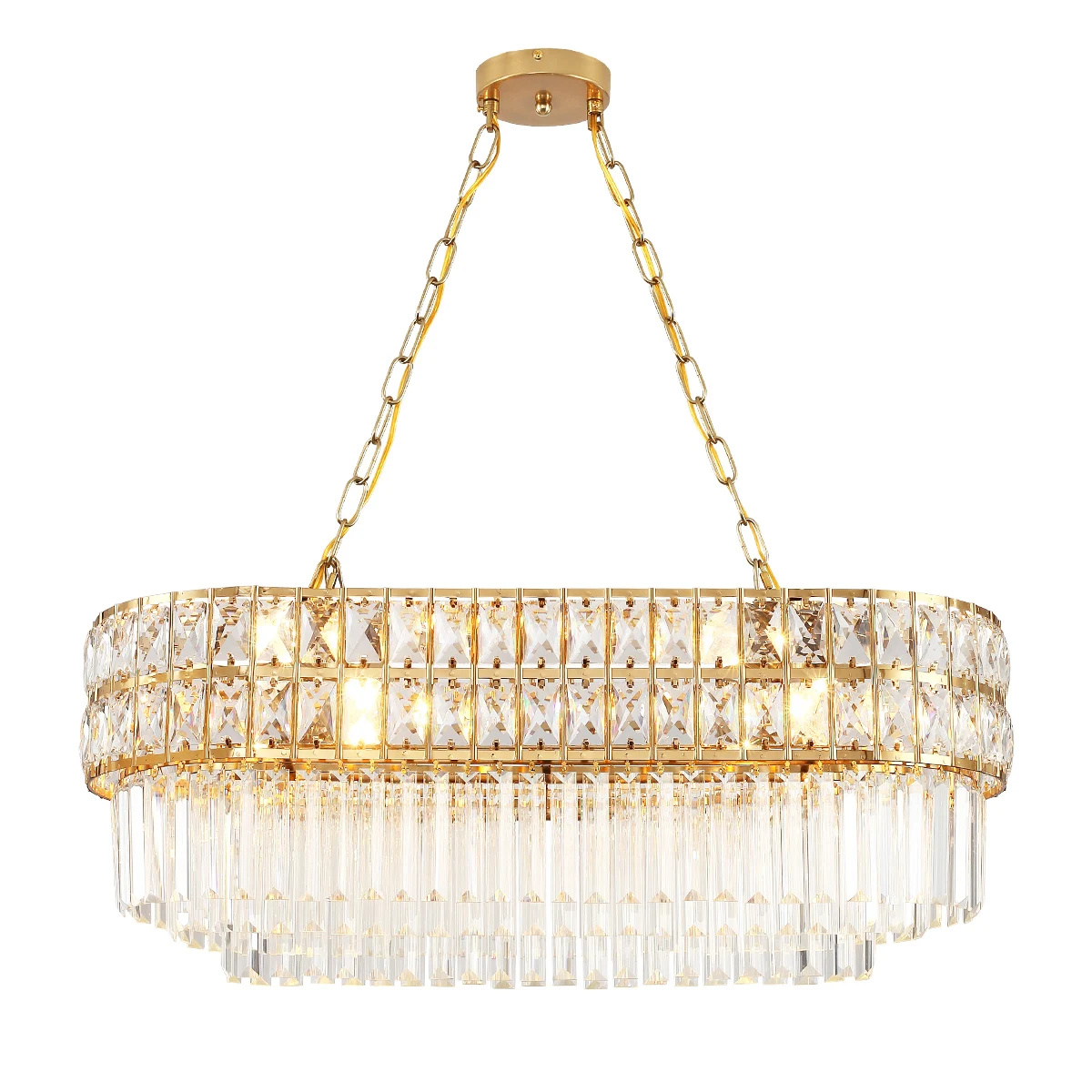 

Modern Crystal Chandelier Gold Finish Light Fixture,Oval Crystal Pendant Light Hanging Lamp,for Living Room,E12*8,29.5 x 13 inch