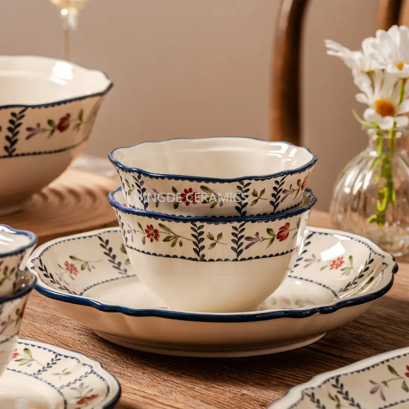 1pc Ceramic Dining Bowl Household Rice Bowl Dish Fish Plate Ceramic Tableware Flower Pattern Design Kitchen Ceramic Tableware