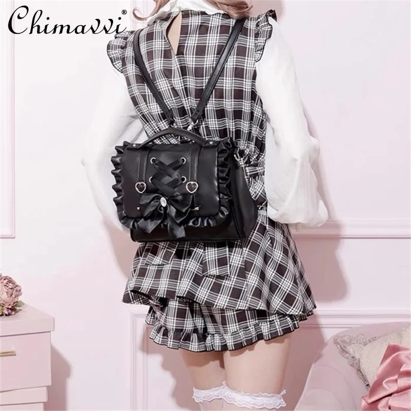 New Japanese Mine Mass-Produced Lolita Backpacks Sweet and Cute Bow Love Lace-up Handbag Women Girl's Elegant Crossbody Bag