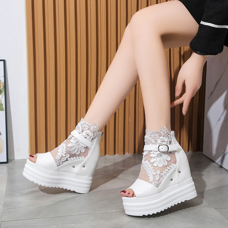 New Women's Wedges Lace Sandals Summer New Fashion Mesh Peep Toe Platform High Heel Women Sandals Sexy Party Dress Women Sandals