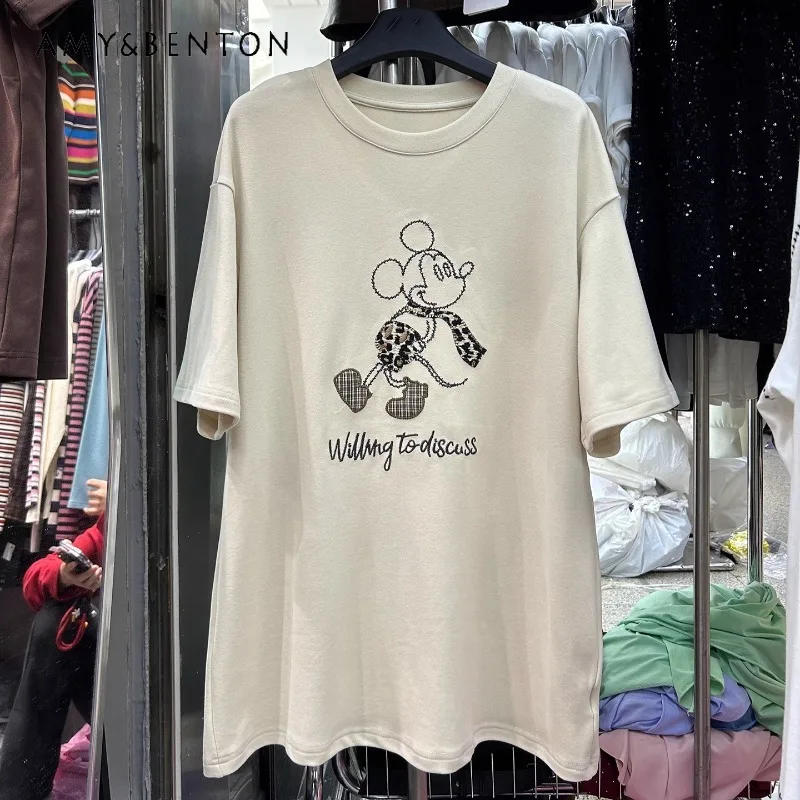 

Утолщенная футболка с короткими рукавами и вышивкой, осенне-зимний пуловер с круглым вырезом, свободная утягивающая возрастная рубашка средней длины, женская рубашка