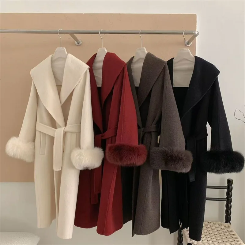 

2025 Autumn And Winter Long Lace Up Lapel Cashmere Woolen Coat For Women's Fashion Temperament New Collection Wool