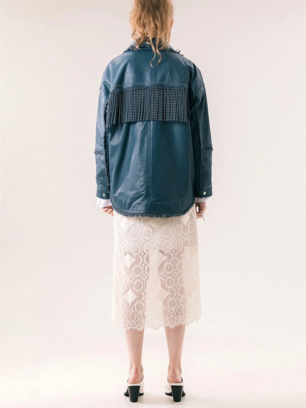 Rivetto fatto a mano in pelle ort Jaet Long Sve Colletto rovesciato Vera pelle eepskin Street Sle Slim Fit Primavera 2024